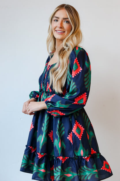 navy print dress side view