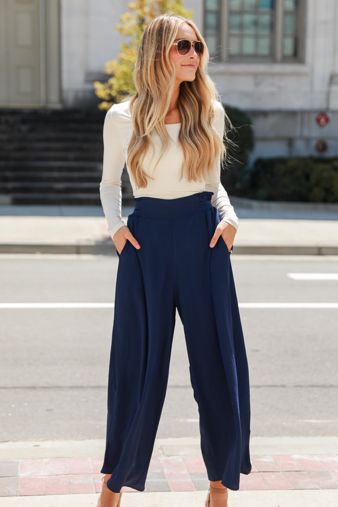 navy Wide Leg Pants on model
