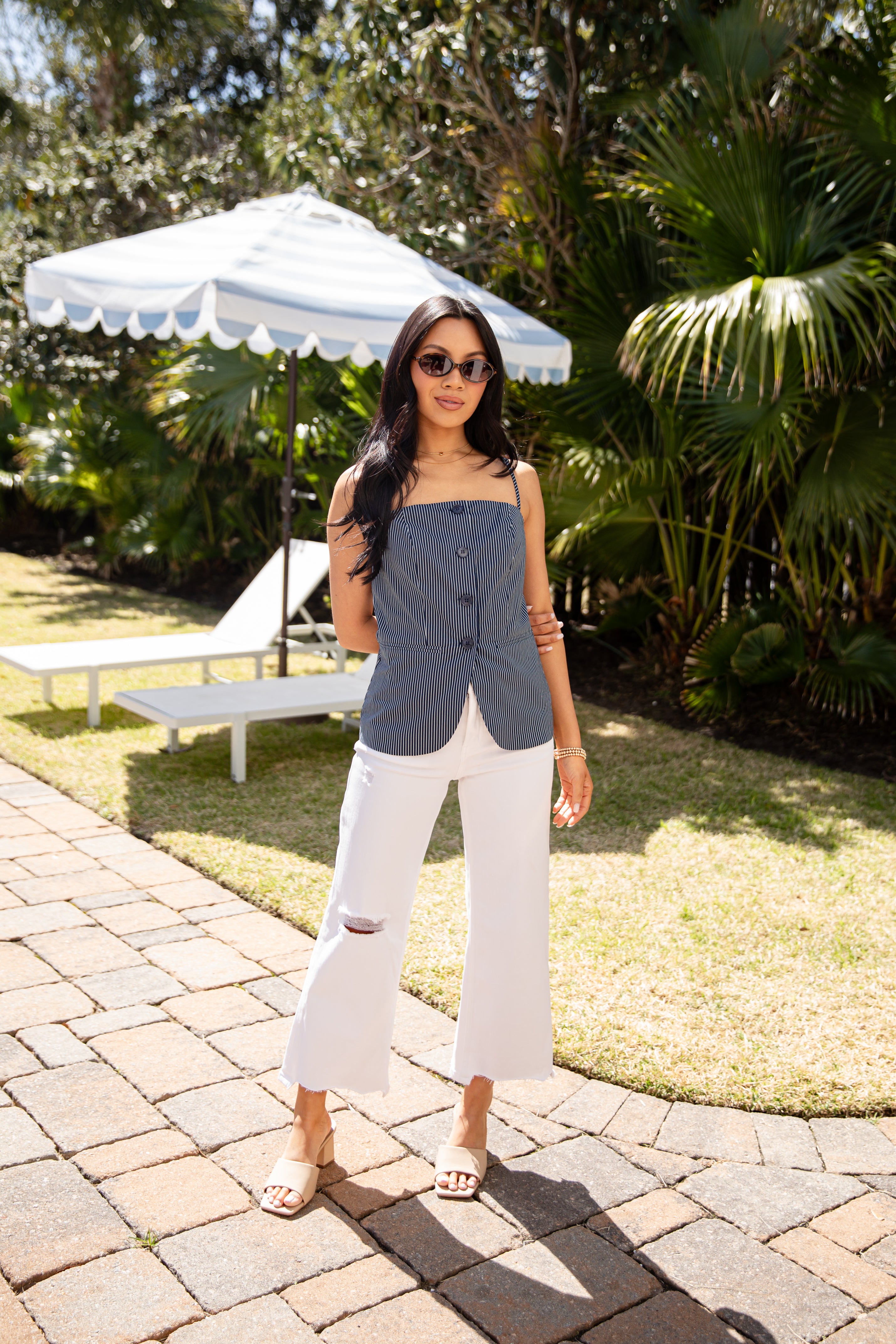 Trendy Pinstripe Navy Button Front Tank | Women's Tops
