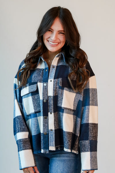 Navy Plaid Shacket front view