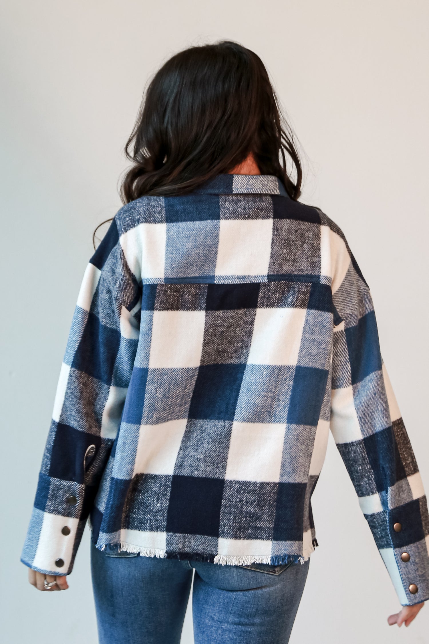 Navy Plaid Shacket back view