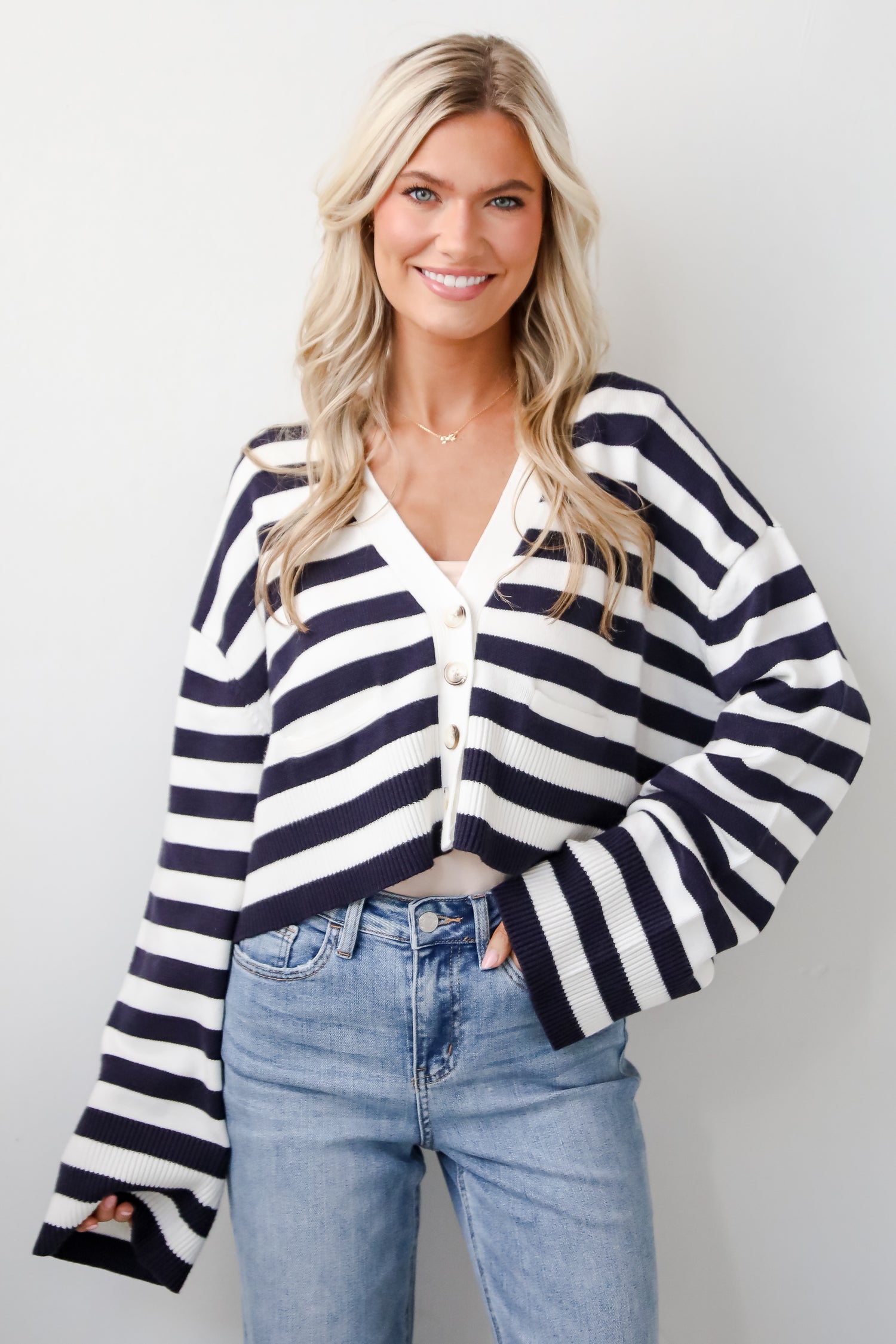 Genuine Charm Navy Striped Cropped Sweater Cardigan