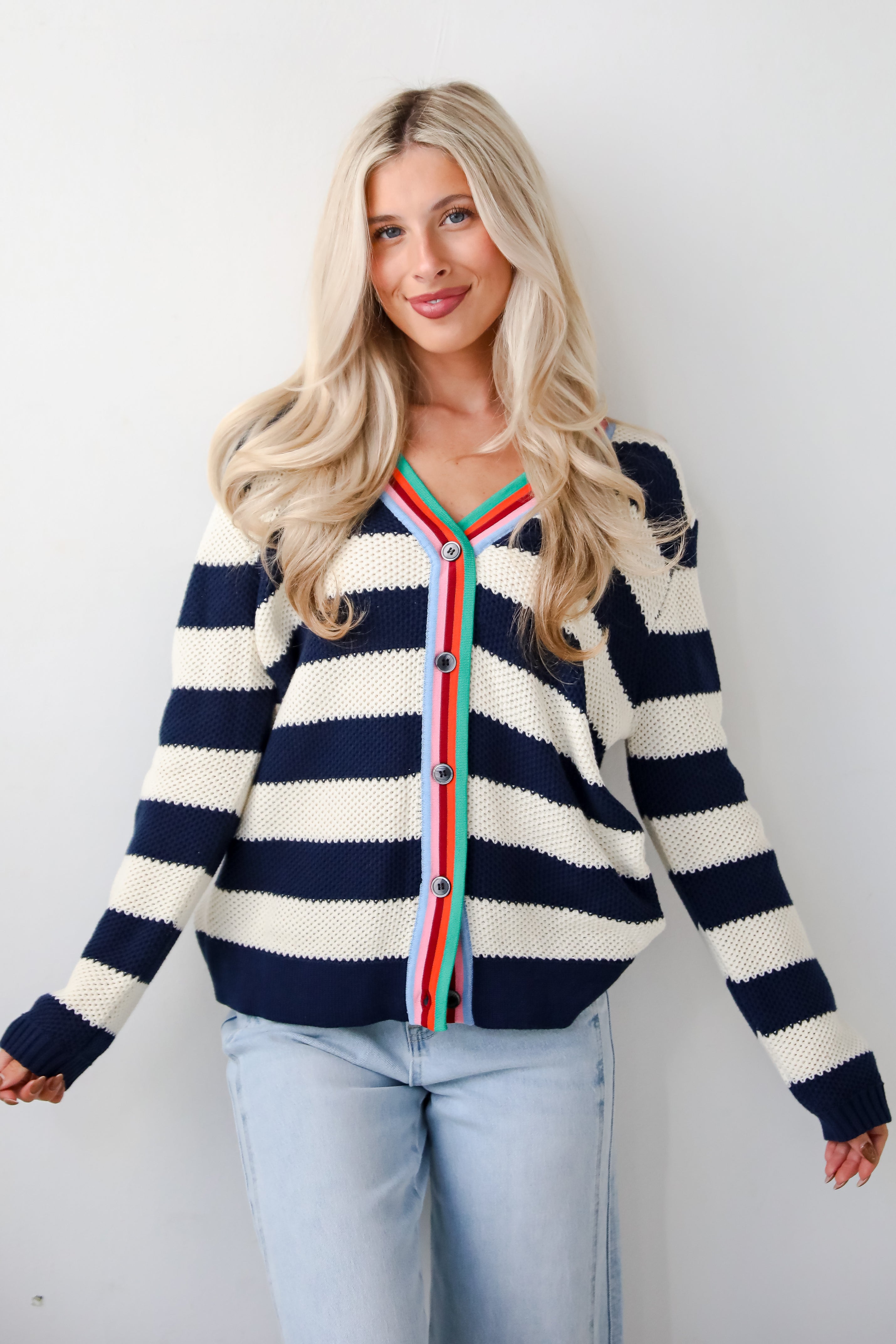 Limitless Radiance Navy Striped Sweater Cardigan