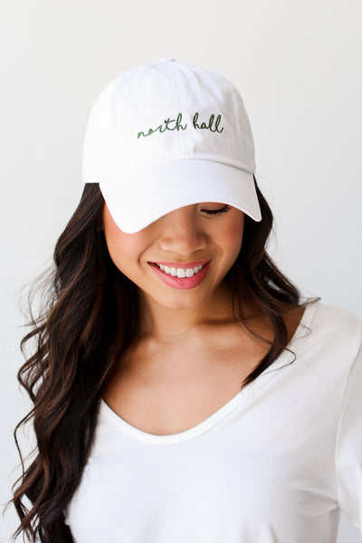 White North Hall Script Embroidered Hat close up
