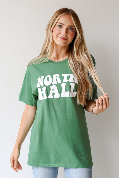 Green North Hall Tee on dress up model