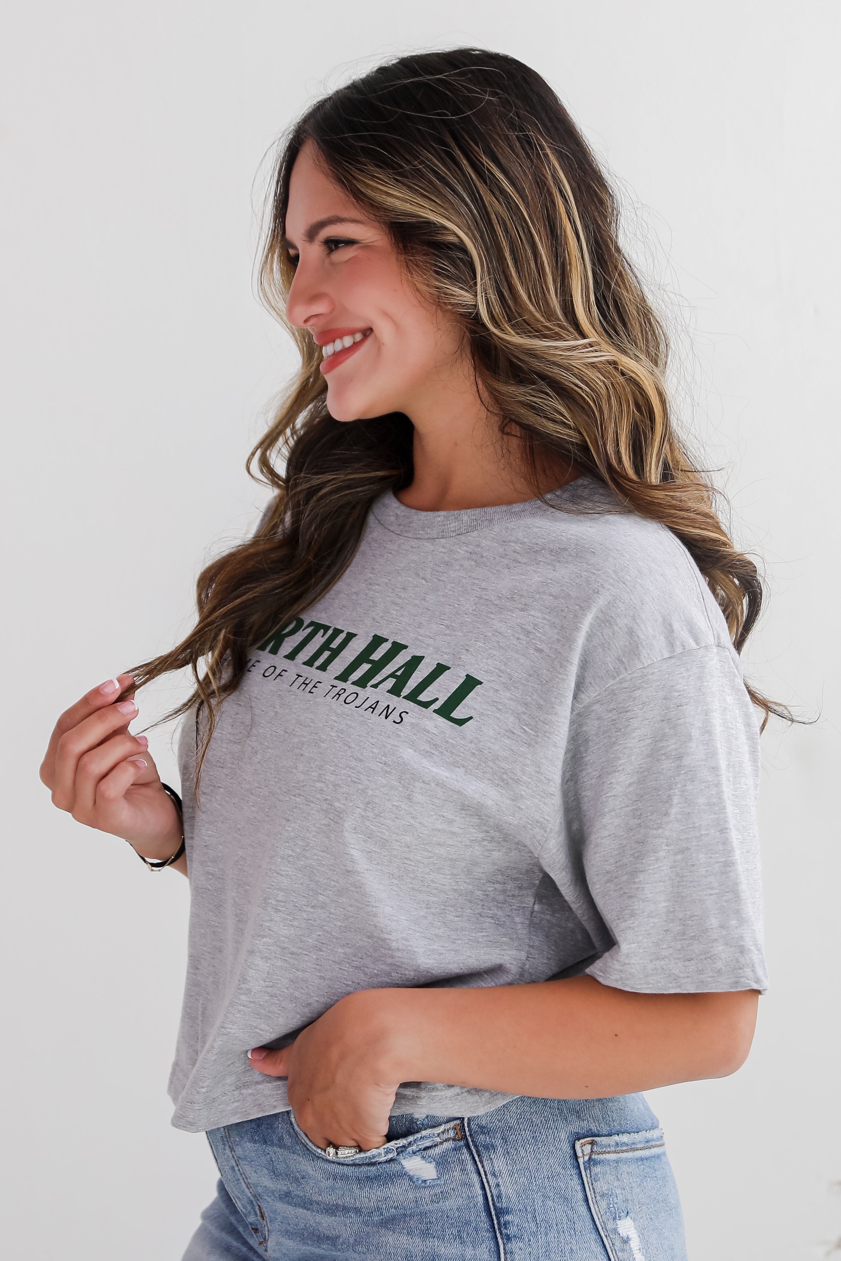 Heather Grey North Hall Home Of The Trojans Cropped Tee