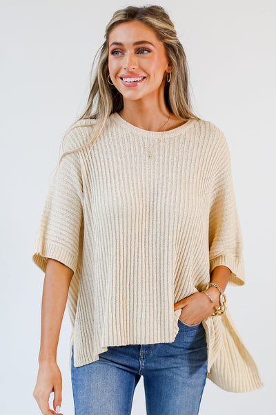 taupe Lightweight Knit Top on dress up model