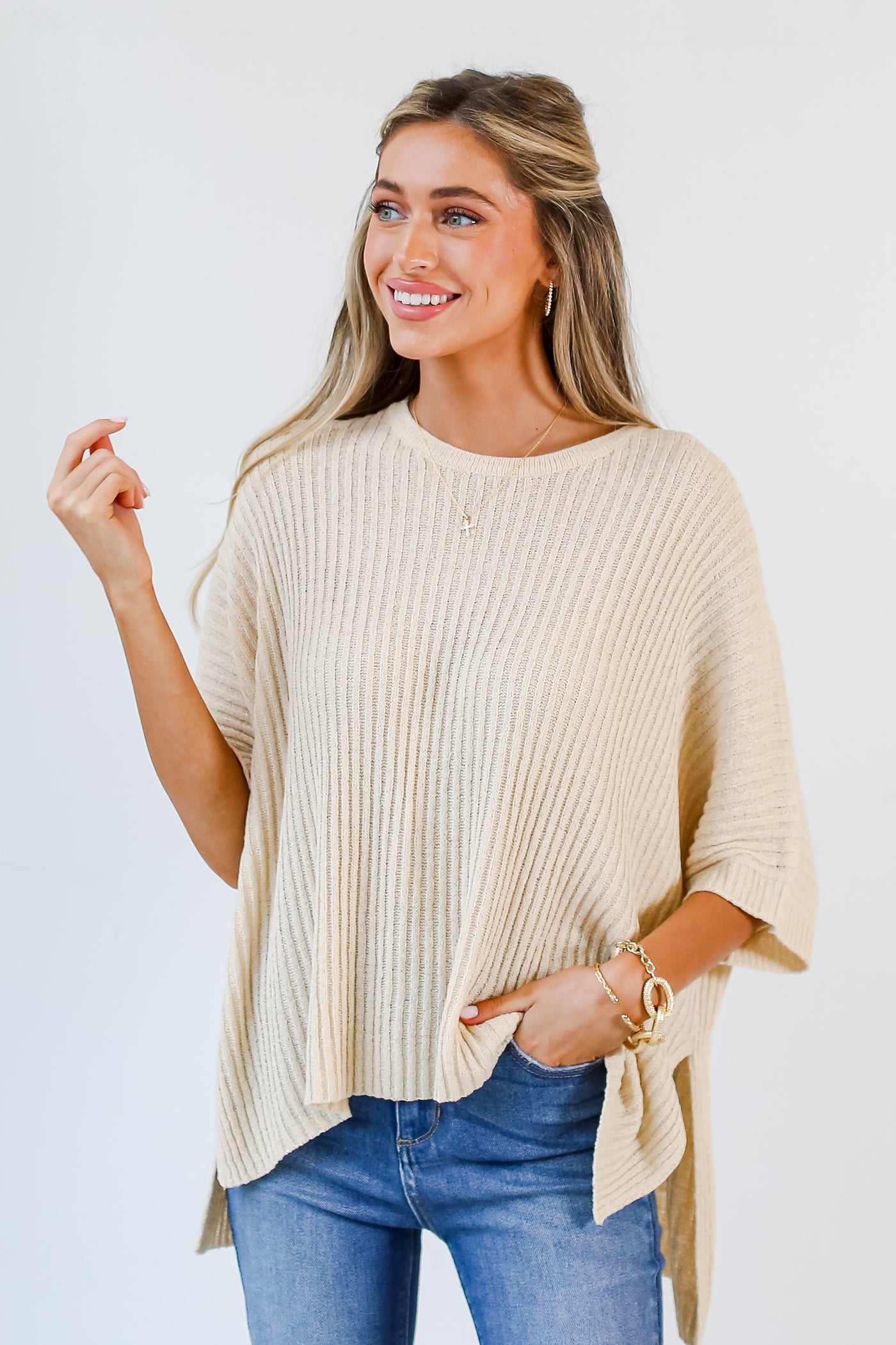 taupe Lightweight Knit Top front view