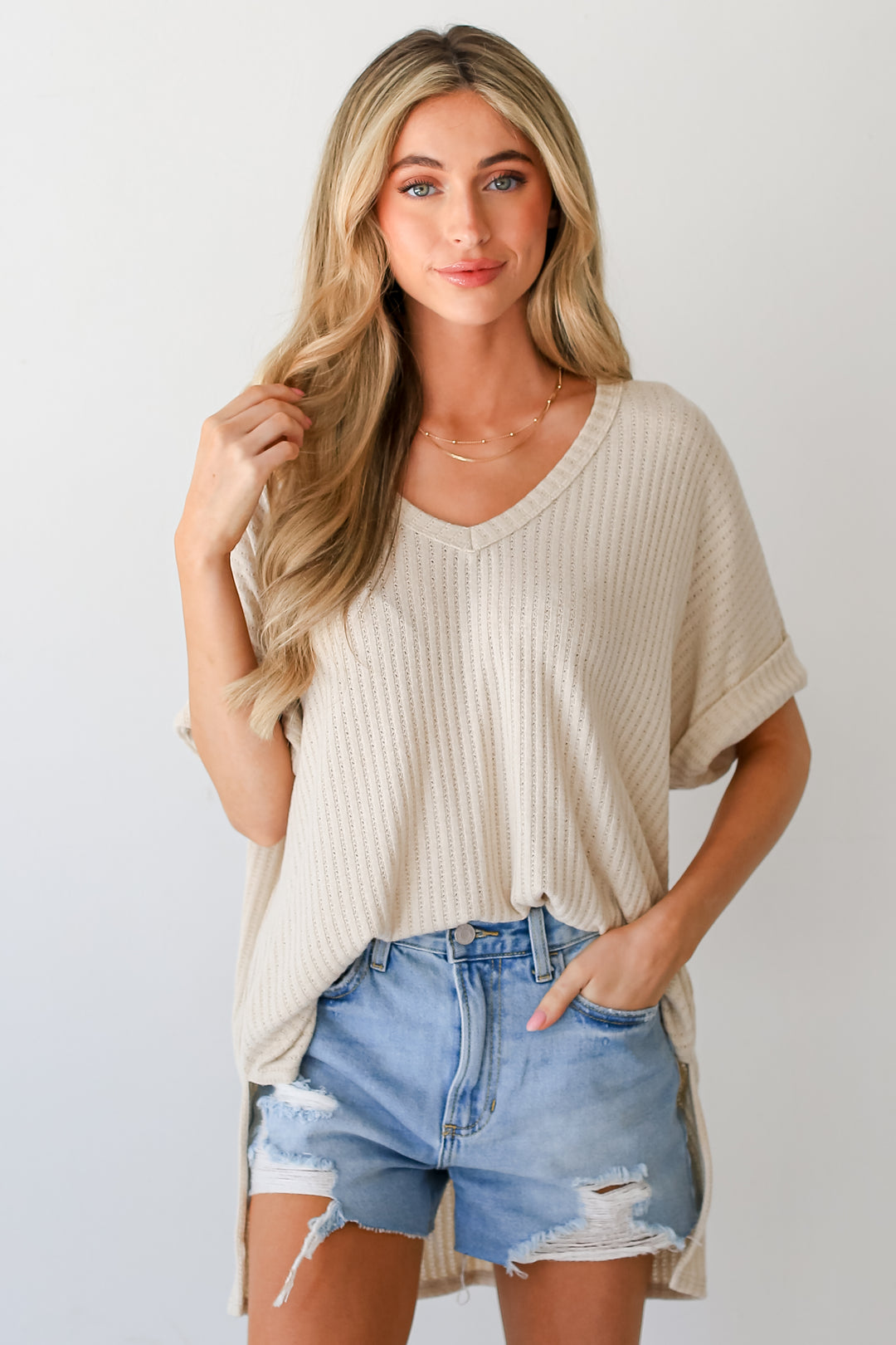 taupe Oversized Knit Top on dress up model
