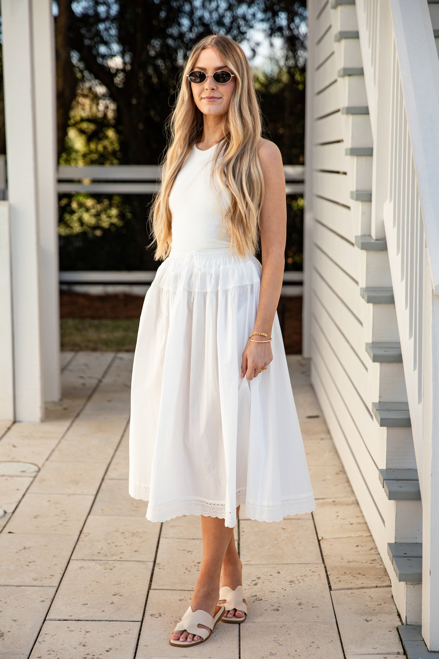 white midi tiered dress White Tiered Linen Dress with Pockets Ankle Length, V-Neck, Open Back, 3XL / Night Blue