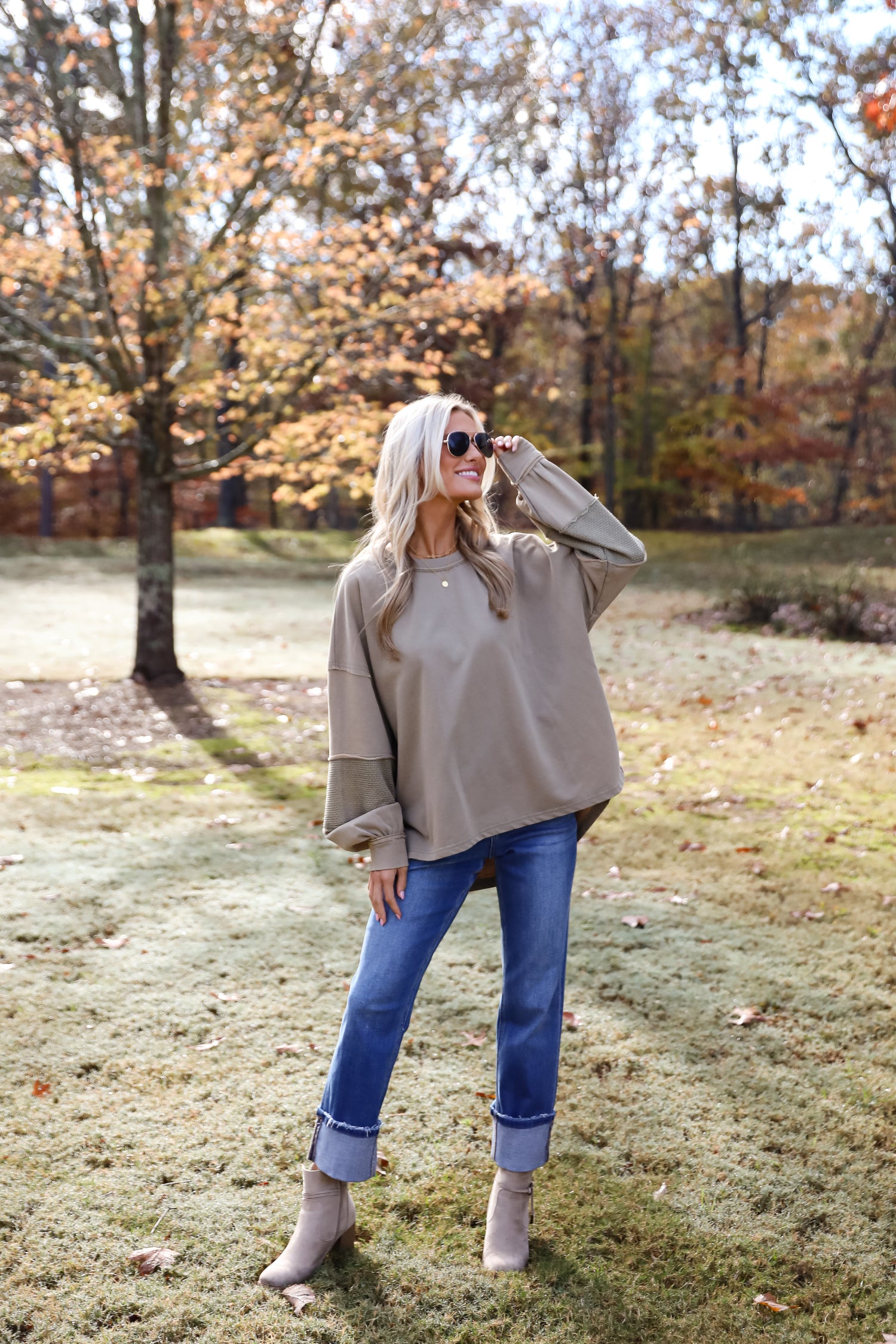 Casual Allure Olive Contrast Sleeve Top