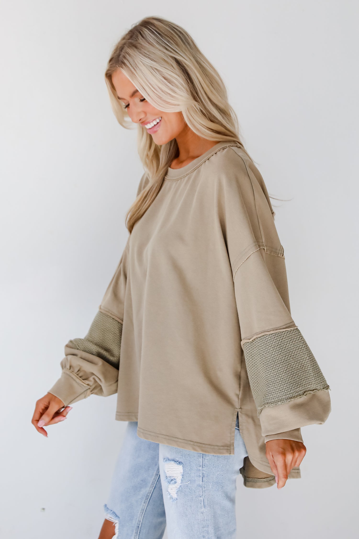 Casual Allure Olive Contrast Sleeve Top