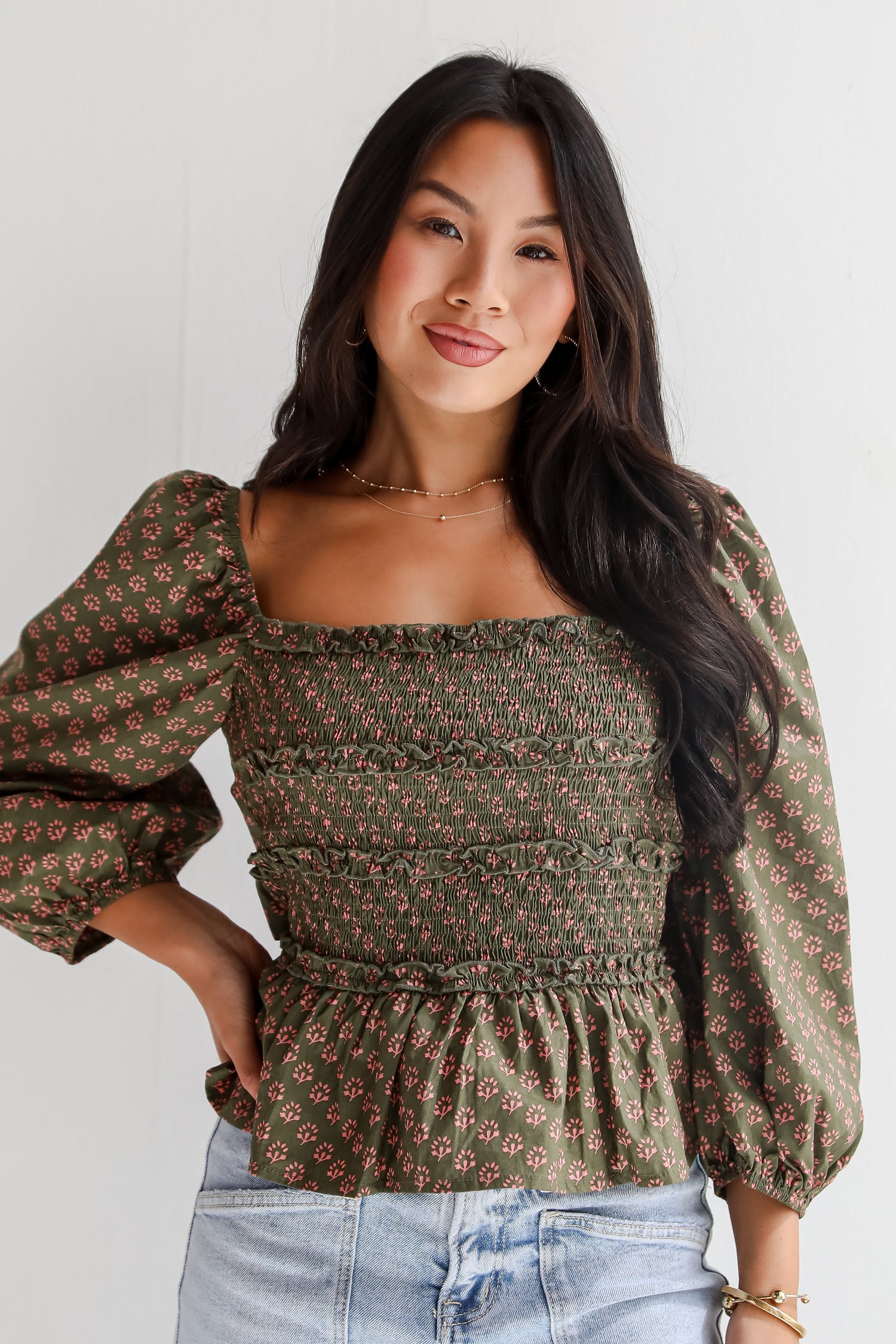 No One Cuter Olive Floral Smocked Blouse