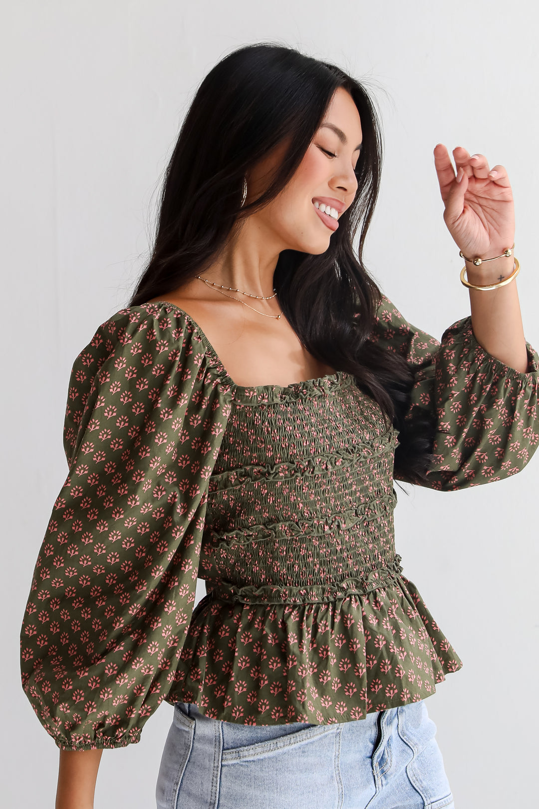 No One Cuter Olive Floral Smocked Blouse