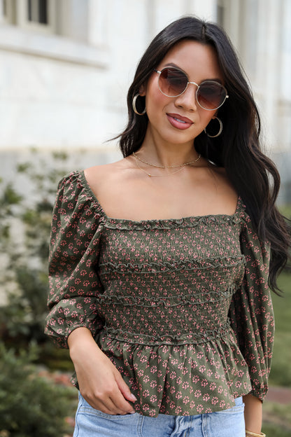 No One Cuter Olive Floral Smocked Blouse