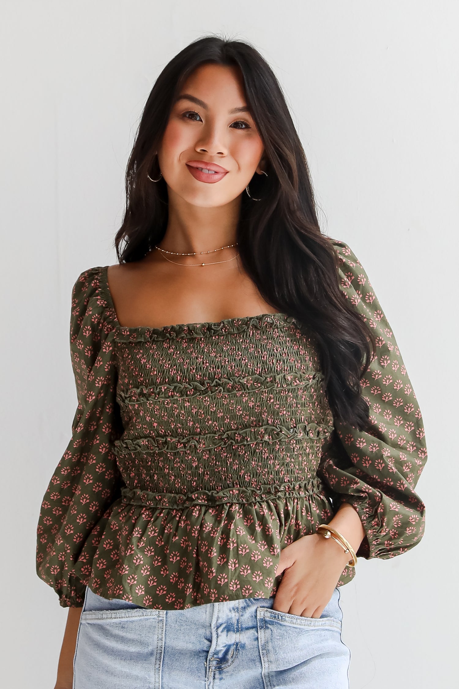 No One Cuter Olive Floral Smocked Blouse