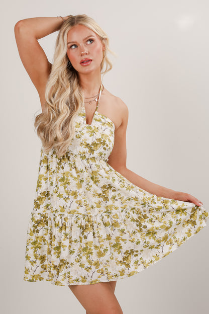 Cute Light Olive Floral Halter Mini Dress Sundresses Dress Up