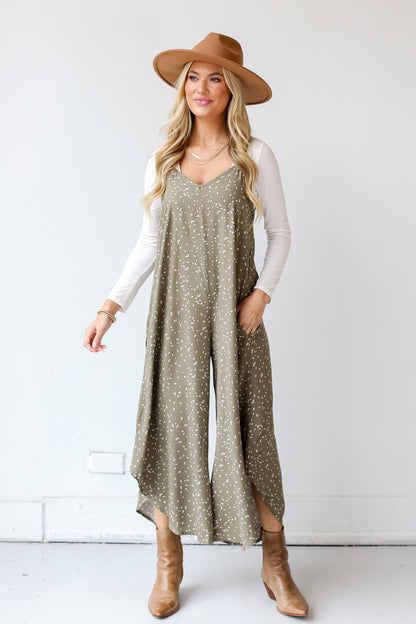 olive Spotted Wide Leg Jumpsuit on dress up model