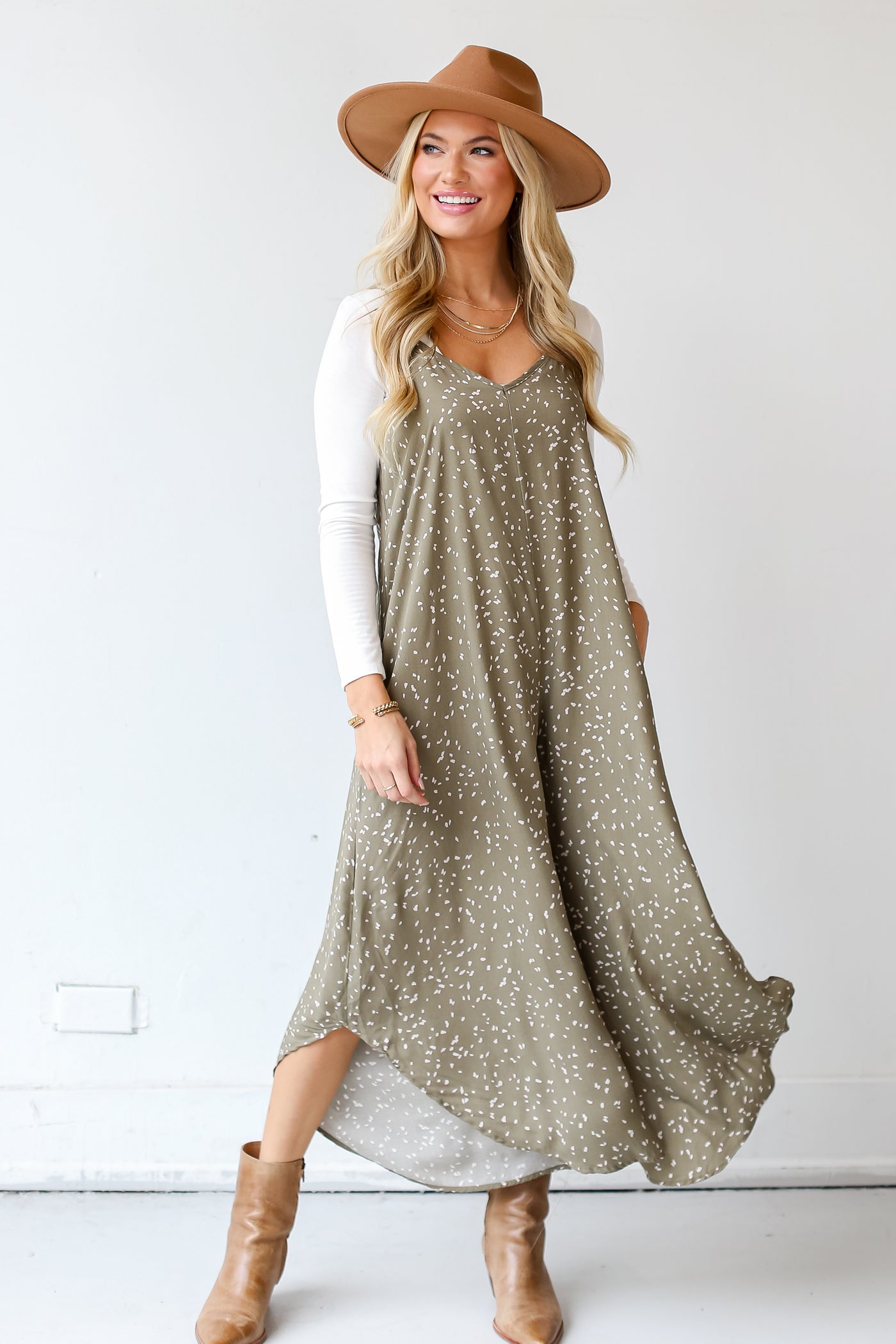 olive Spotted Wide Leg Jumpsuit on model with wide brim hat. Online Dress Boutiques