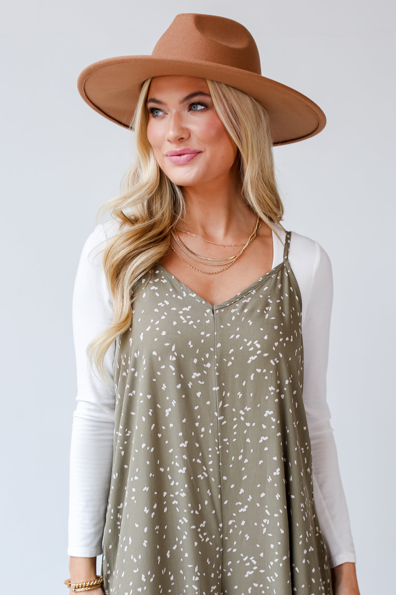 olive Spotted Wide Leg Jumpsuit close up. Online Dress Boutiques