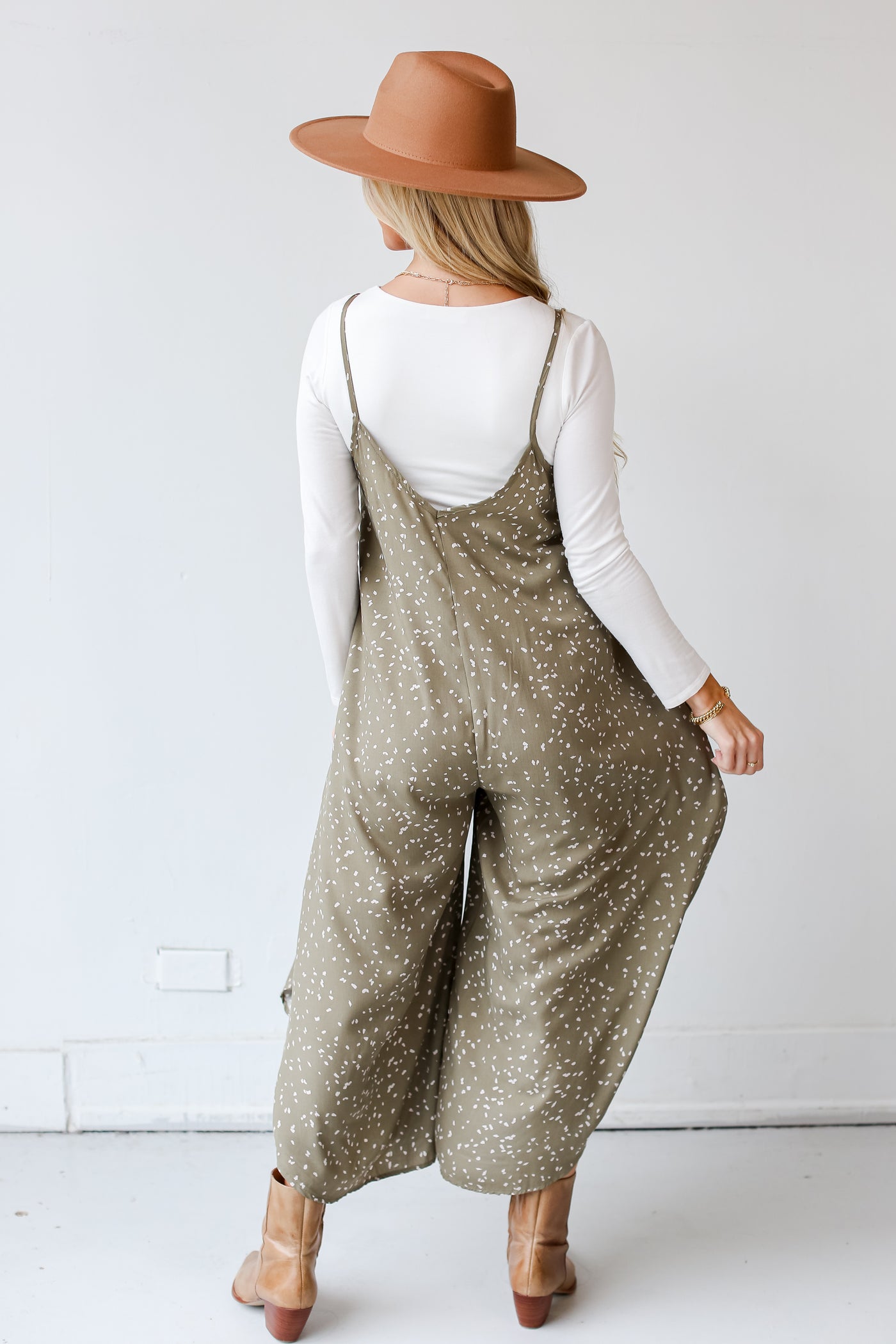 olive Spotted Wide Leg Jumpsuit back view