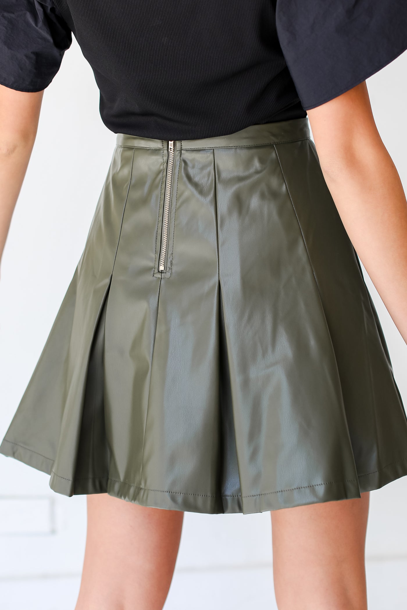 olive Leather Mini Skirt back view