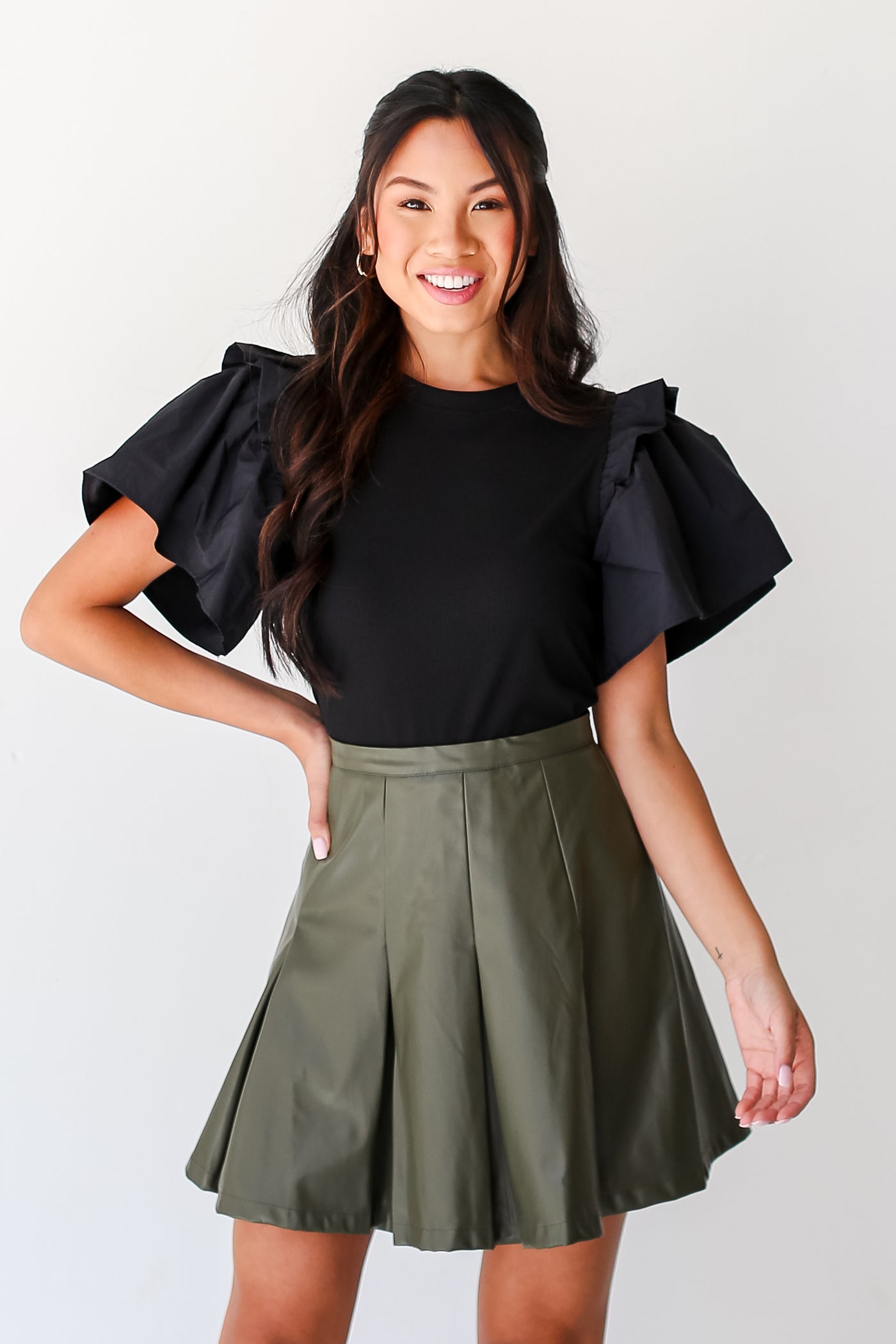 trendy olive Leather Mini Skirt