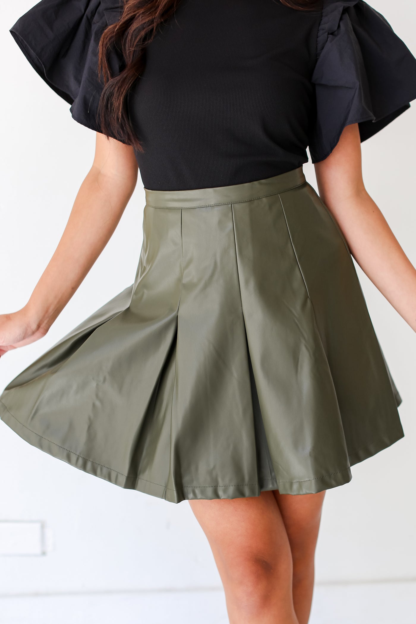 trendy olive Leather Mini Skirt for fall