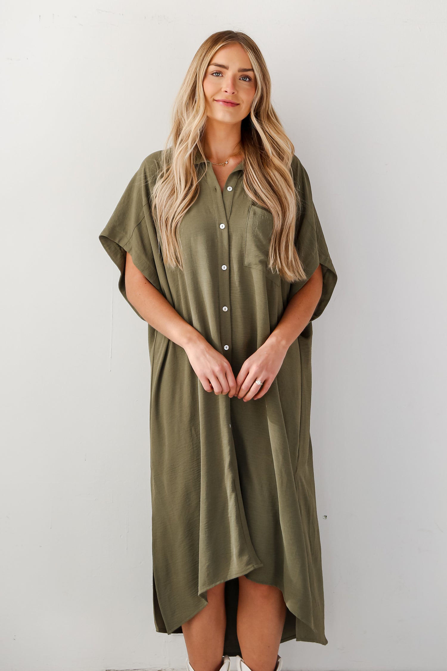 Olive Collared Maxi Dress front view