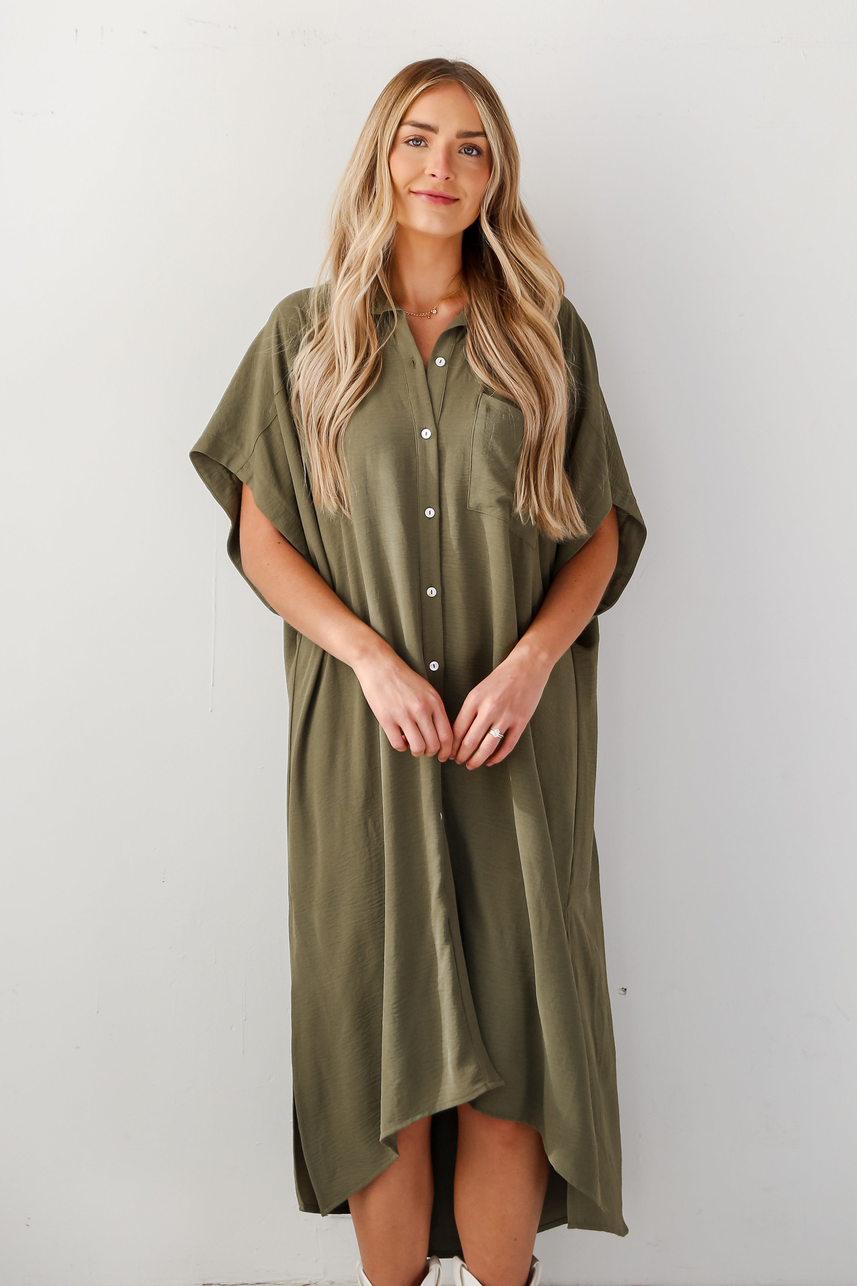 Olive Collared Maxi Dress front view