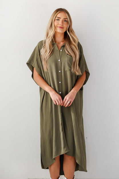 Olive Collared Maxi Dress front view