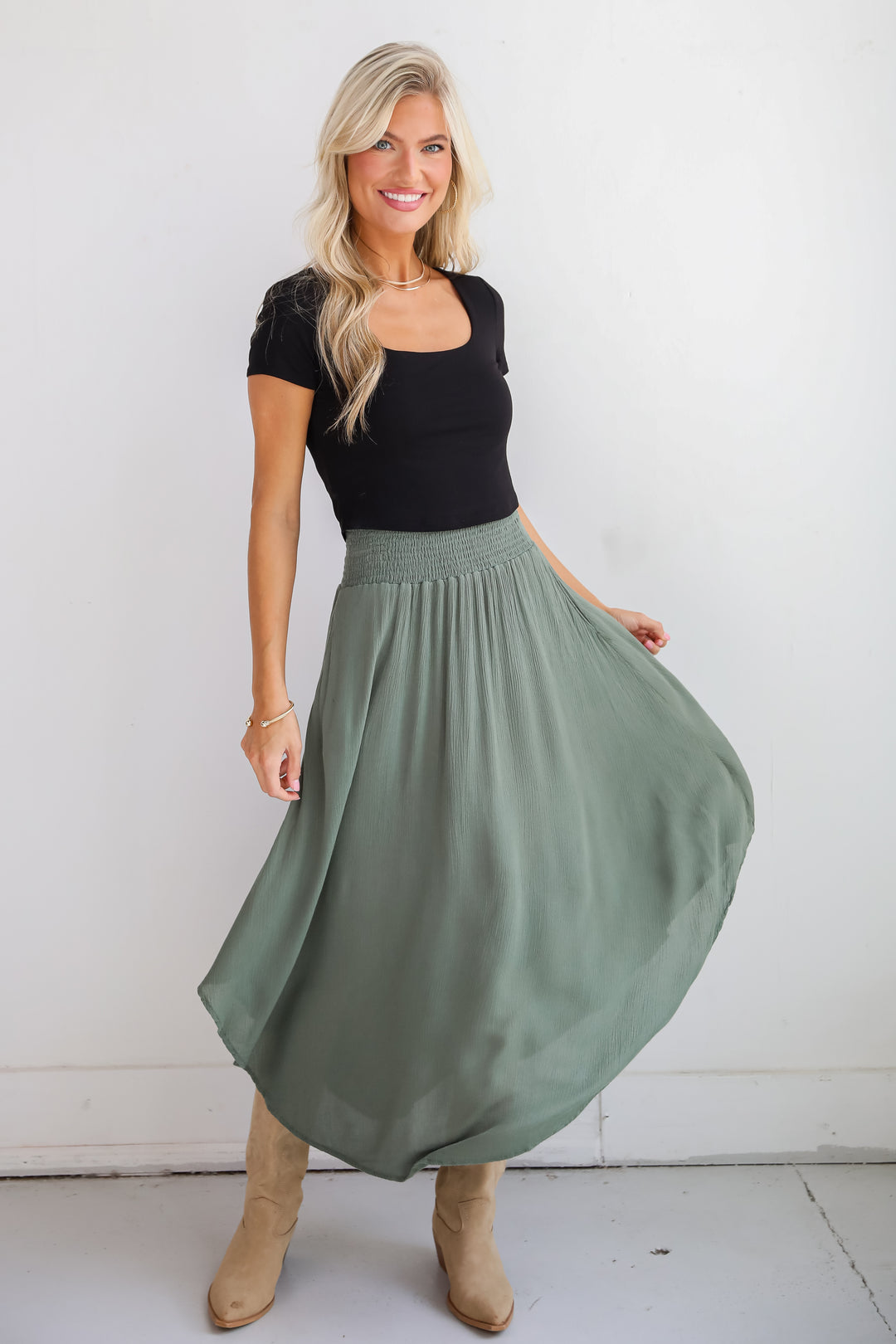 Sensational Purpose Olive Midi Skirt