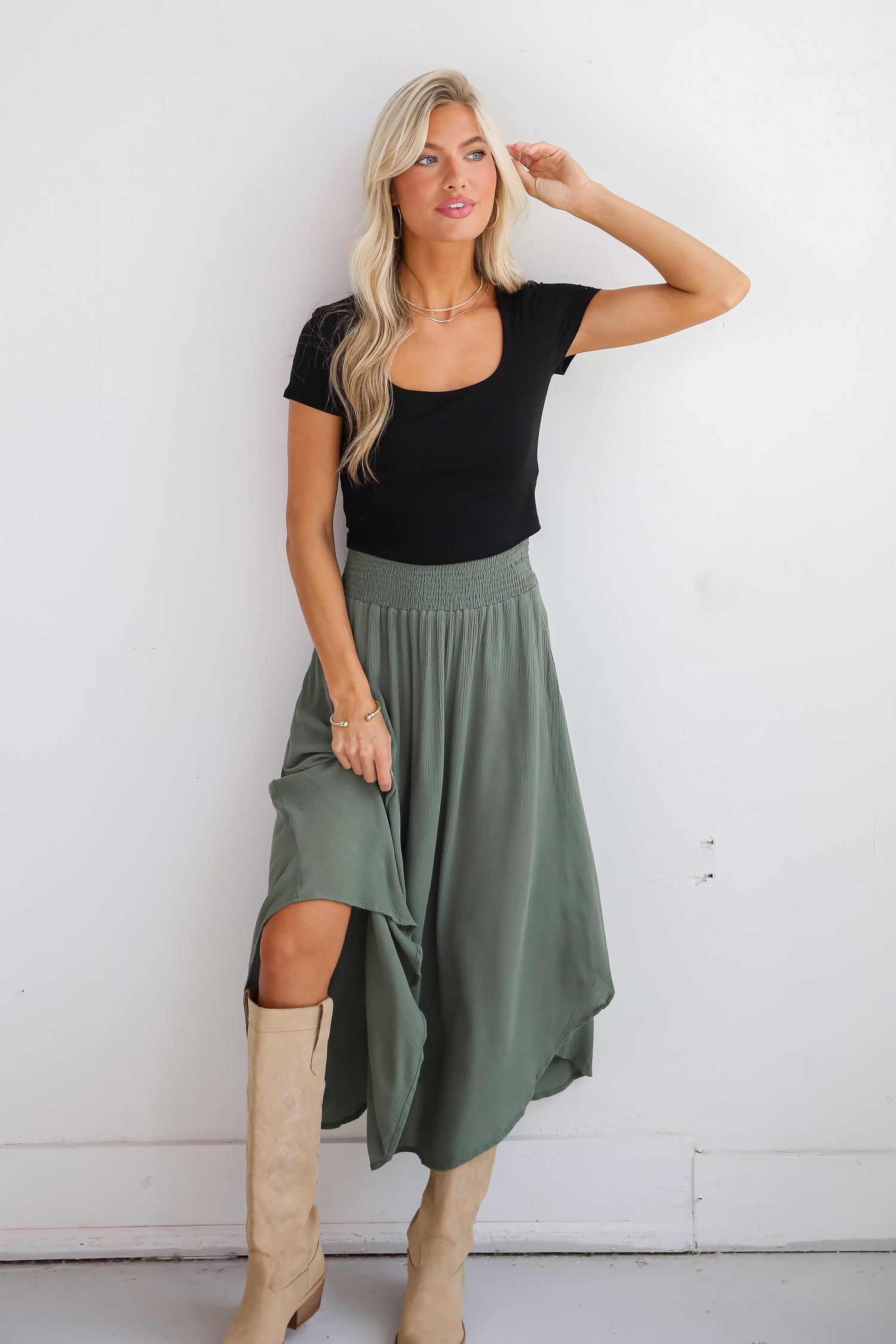 Sensational Purpose Olive Midi Skirt