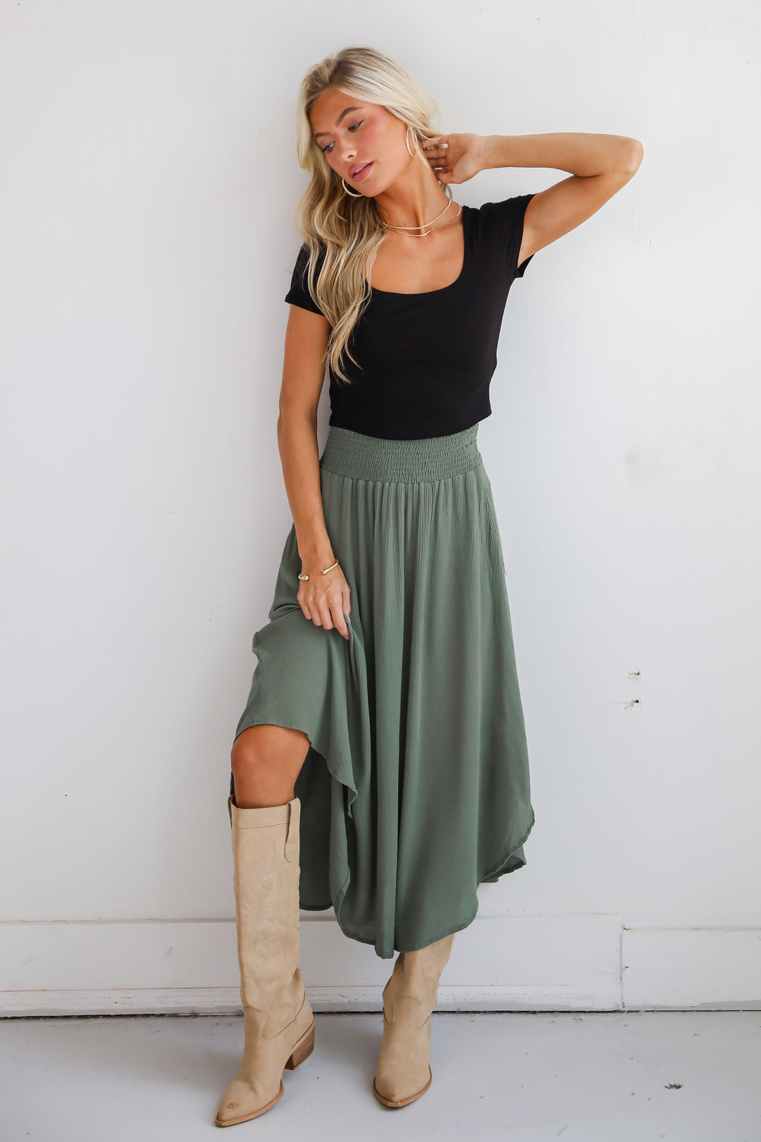 Sensational Purpose Olive Midi Skirt