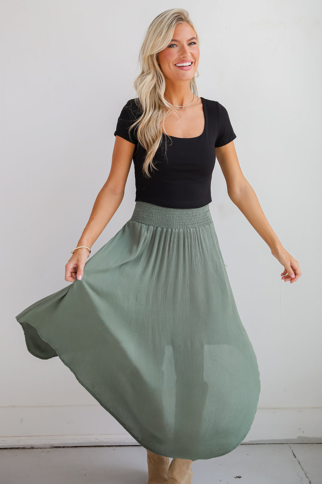 Sensational Purpose Olive Midi Skirt