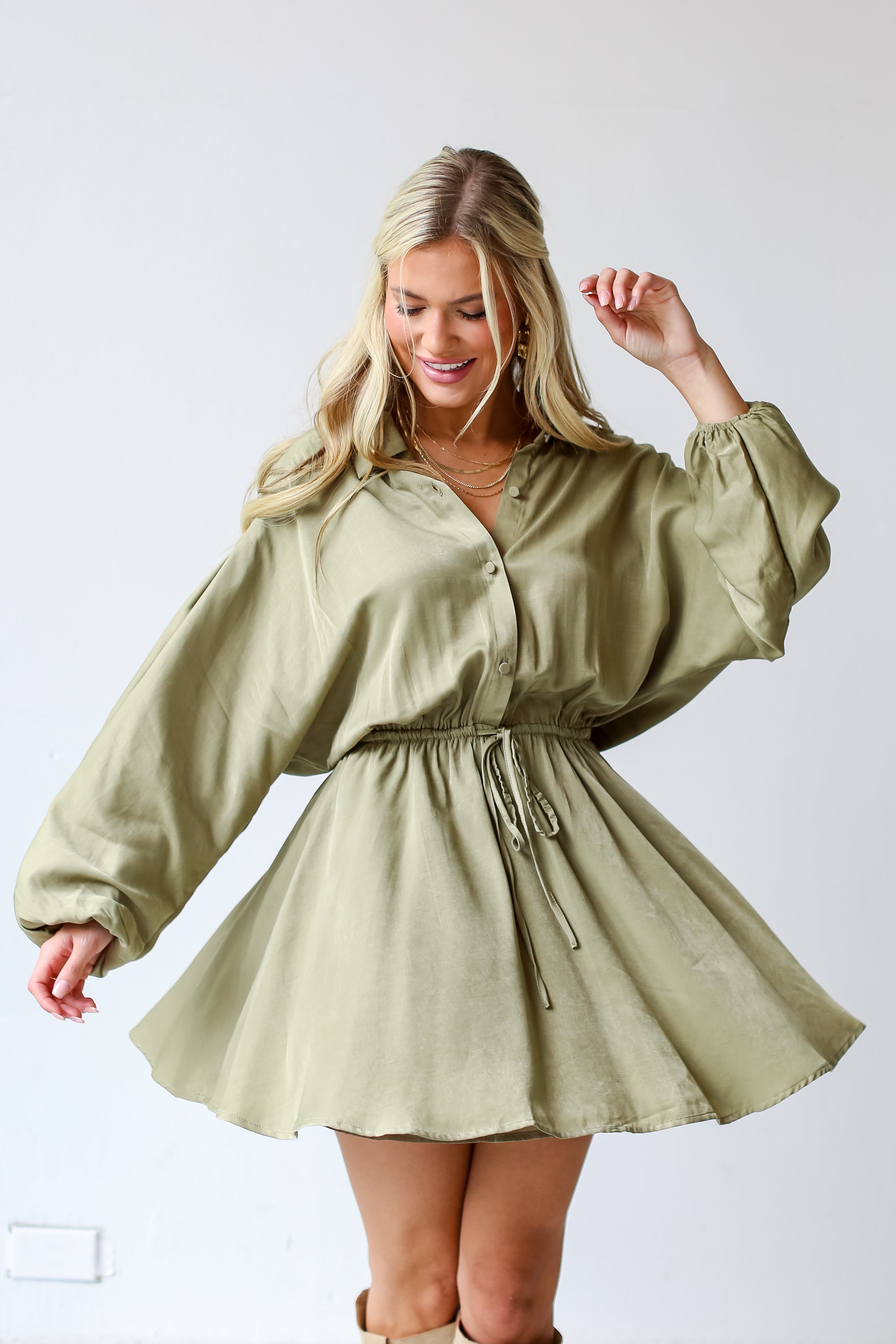 olive green Mini Dress front view