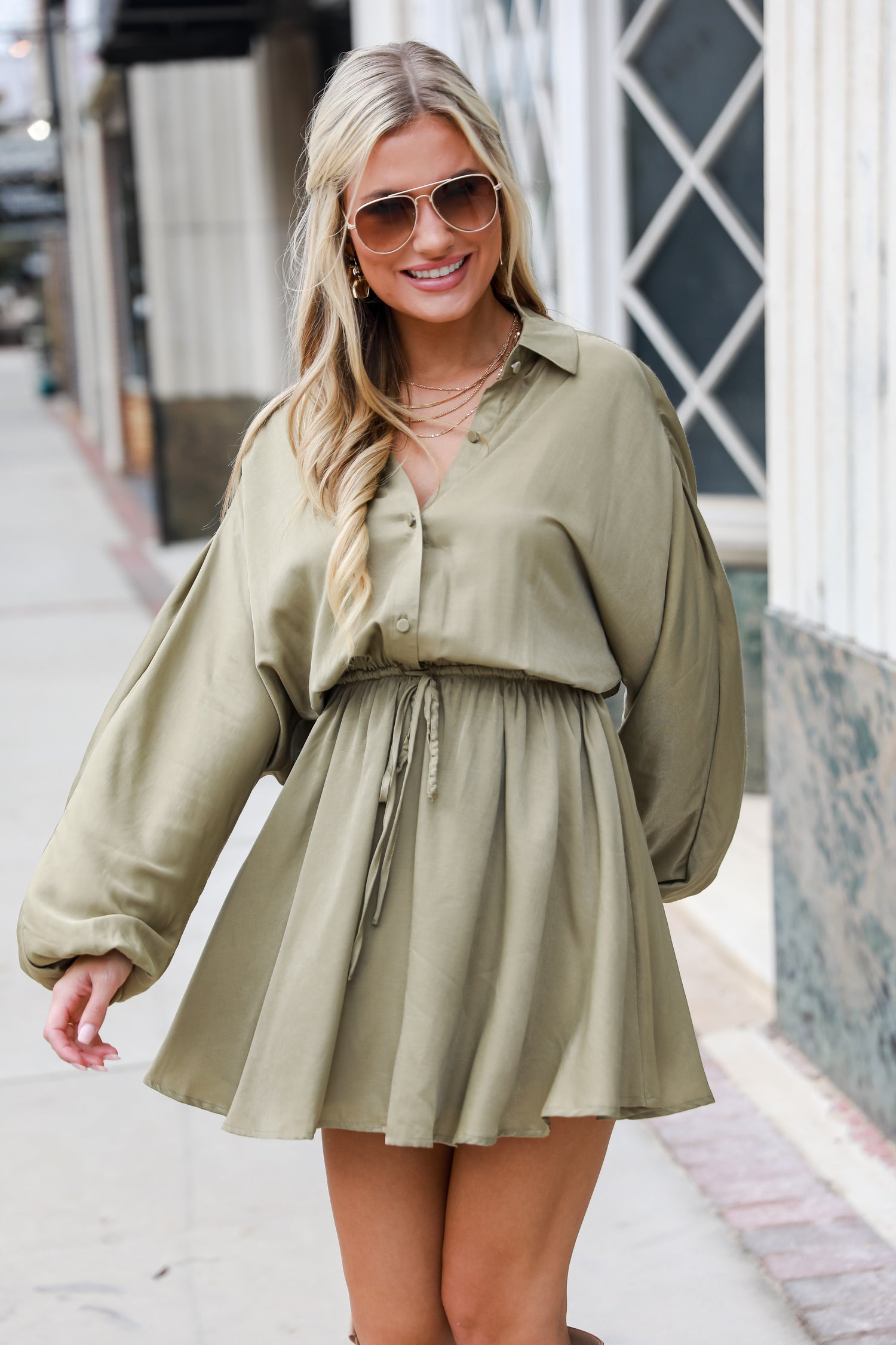 olive green Mini Dress on model