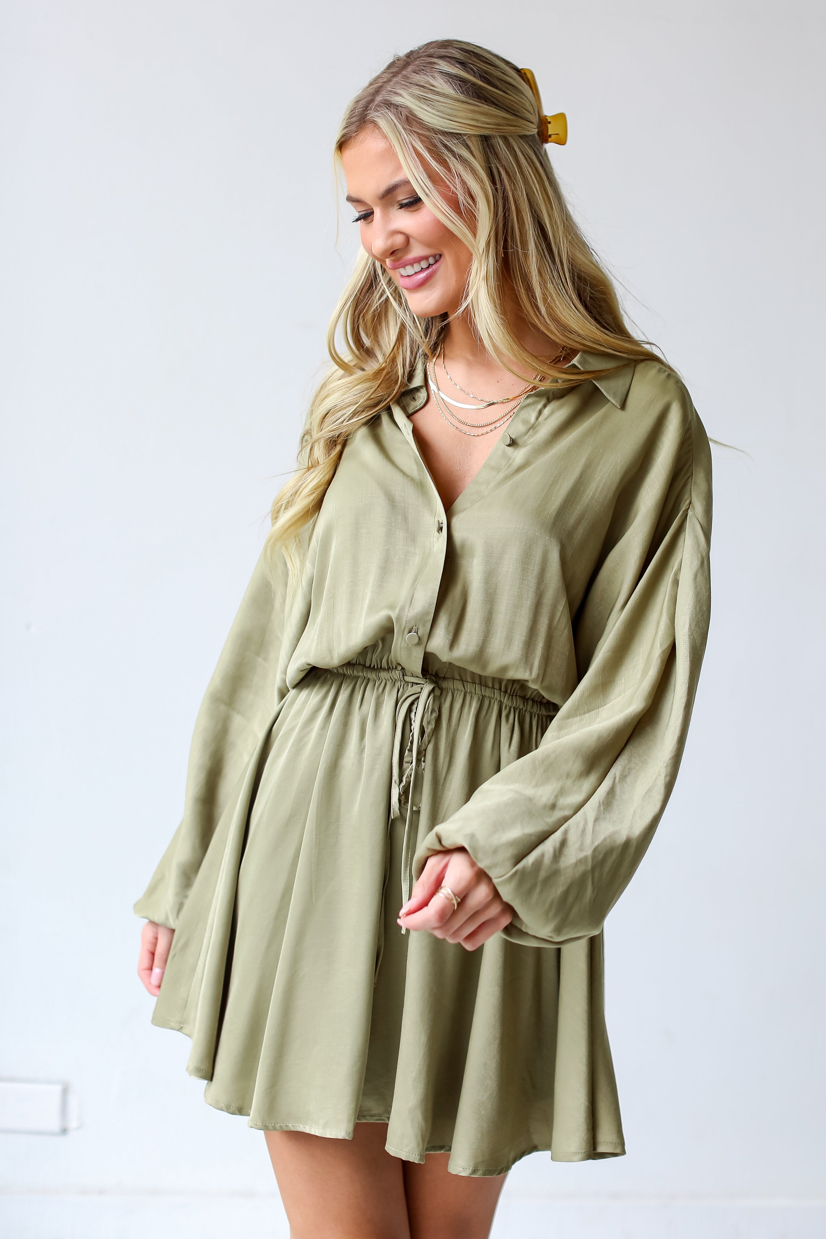 olive green Mini Dress on dress up model