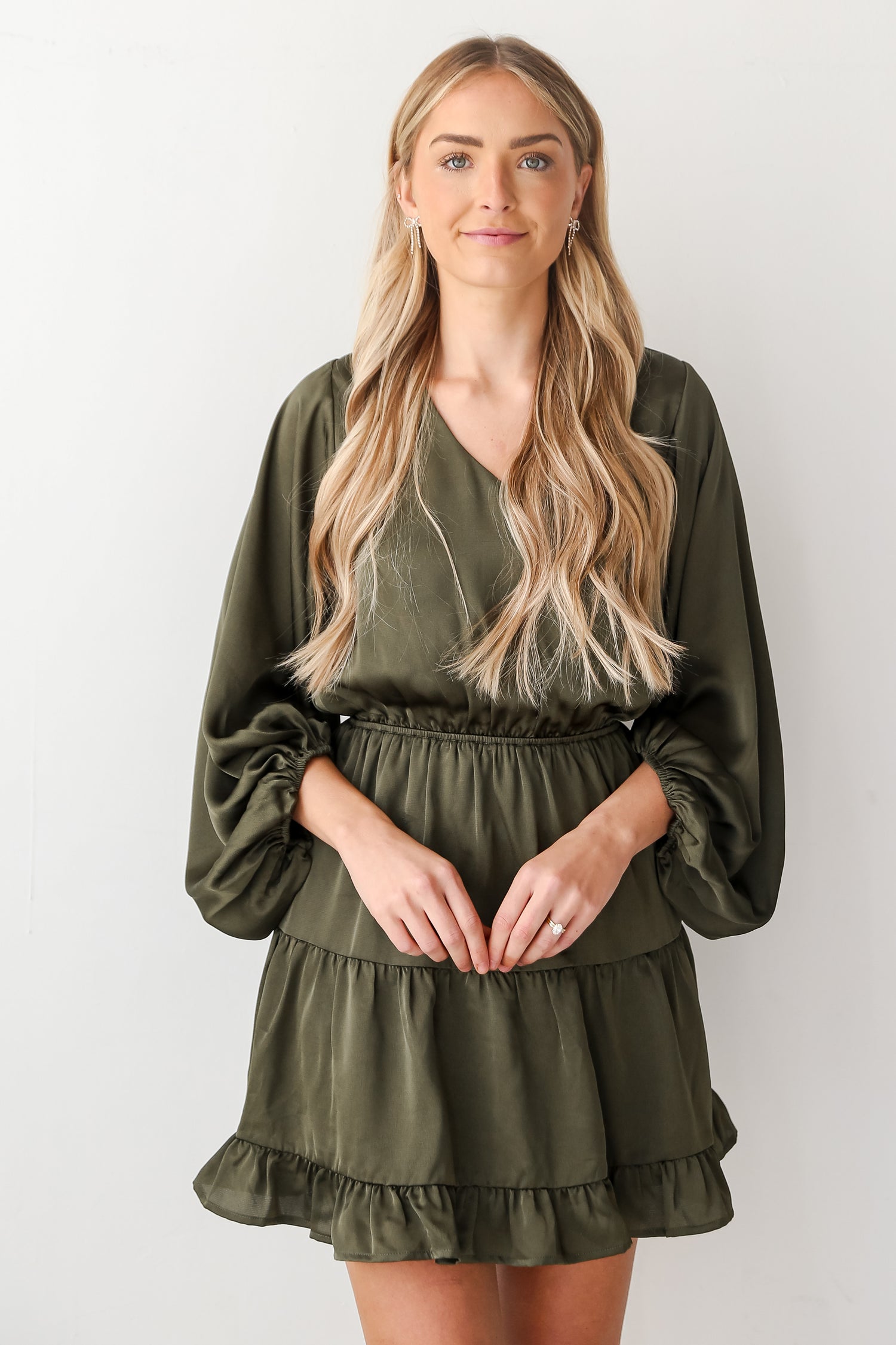 Olive Satin Mini Dress on model