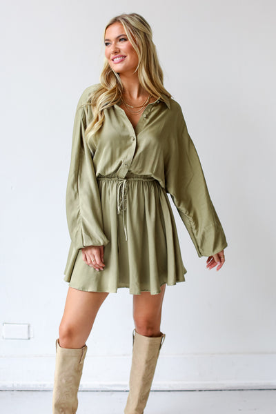 olive green Mini Dress front view on model