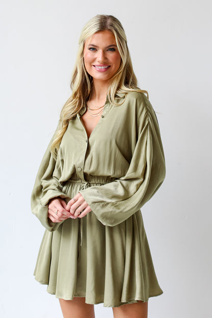 olive green Mini Dress on model with boots