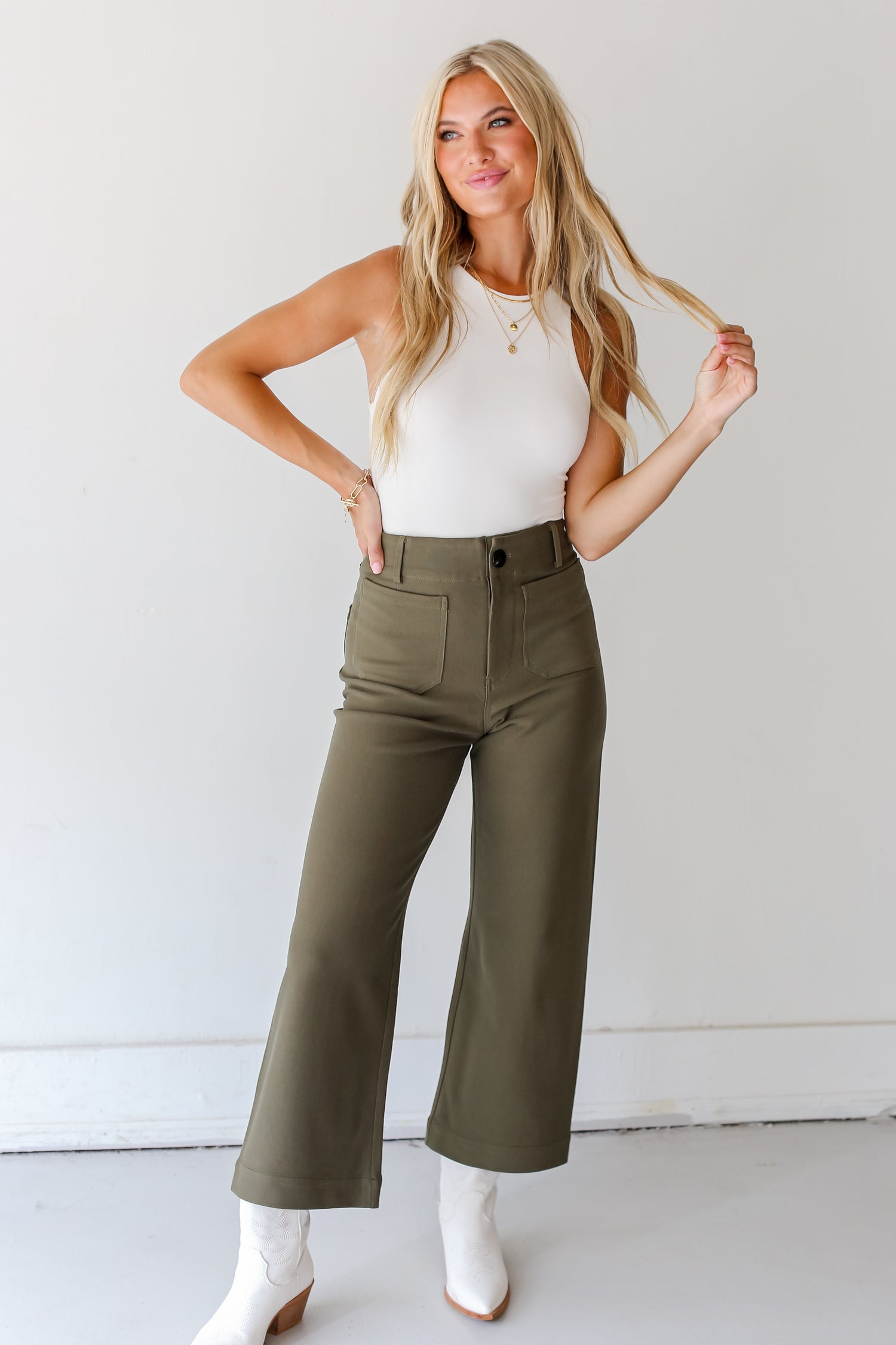 olive Trouser Pants on dress up model