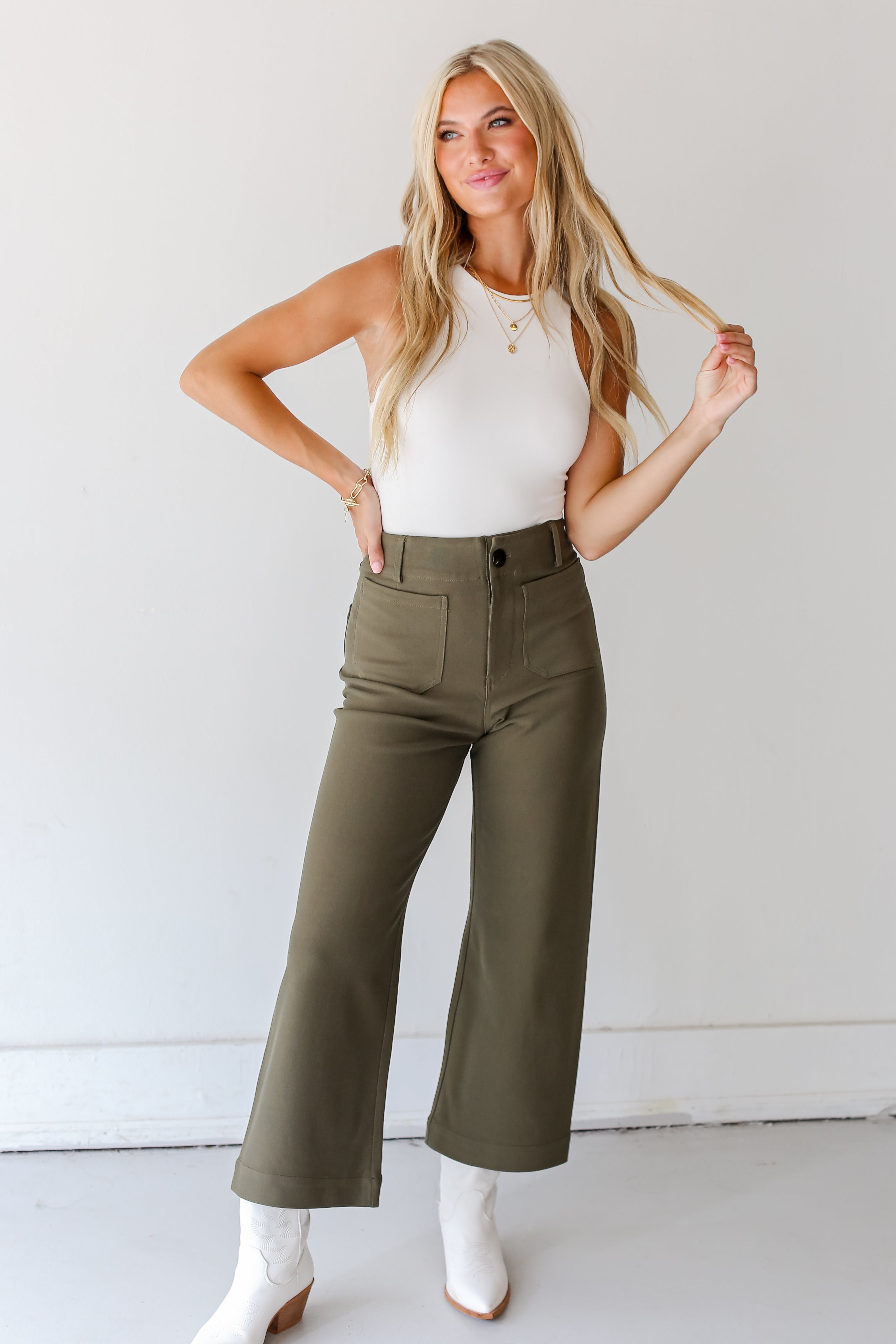 olive Trouser Pants on dress up model