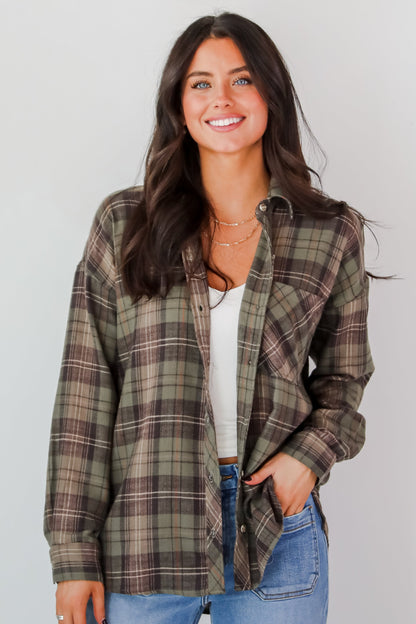 Significantly Chic Light Olive Plaid Flannel