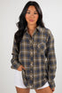 Woman wearing a plaid shirt with a plain background