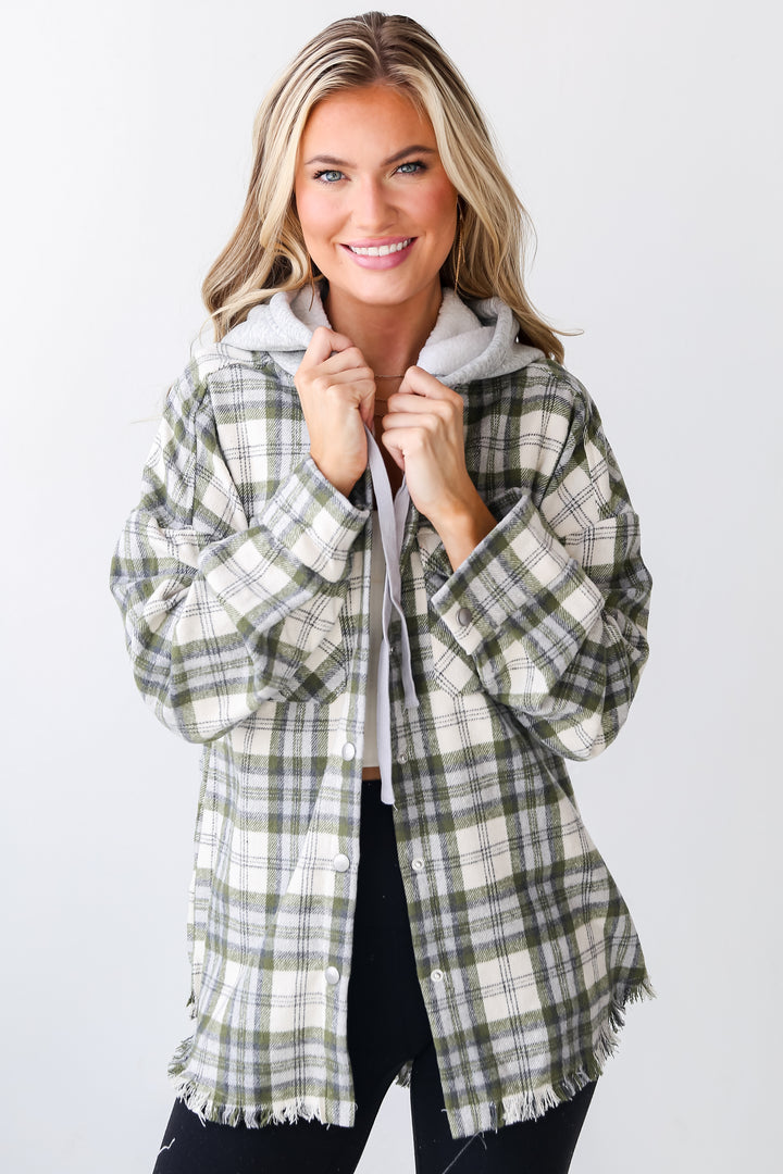 Olive Plaid Hooded Shacket front view
