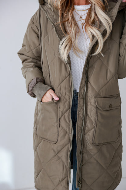 cute Olive Quilted Longline Hooded Jacket