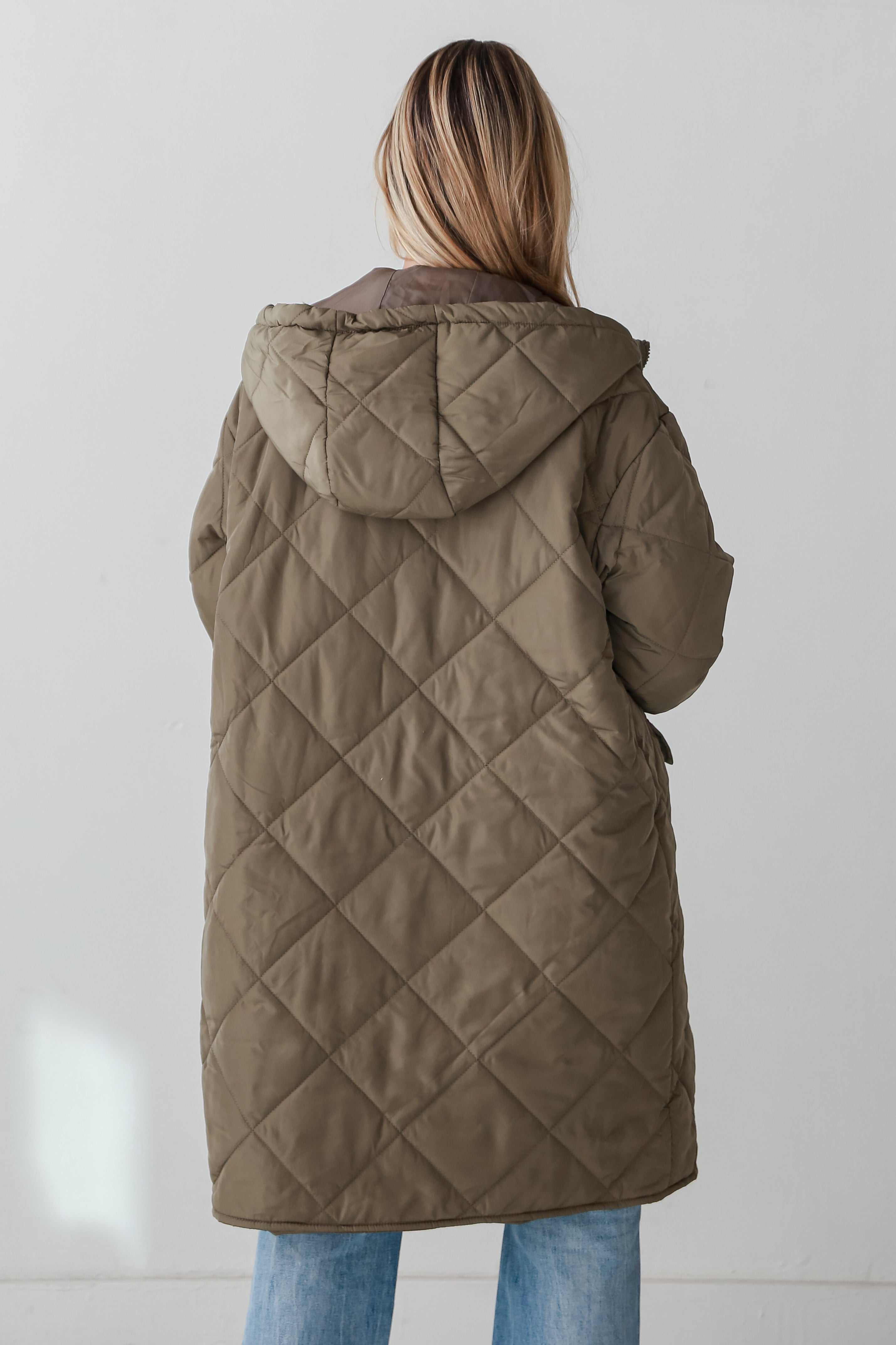 trendy Olive Quilted Longline Hooded Jacket