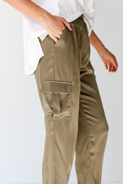 olive Satin Cargo Joggers close up side view