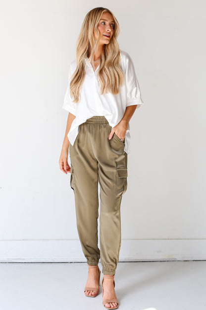 olive Satin Cargo Joggers front view